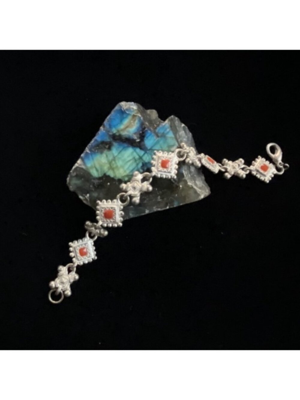 Boho Silver Tone Square Link Bracelet Coral Style Cabochon Southwestern Jewelry